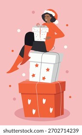 Ilustração vetorial em estilo plano. Cartão de Natal. Uma garota feliz com um chapéu de Papai Noel sentada em uma pilha de caixas de presente.
