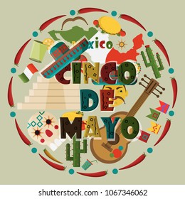 vector illustration in flat style circular ornament on isolated background Mexican design elements, festive symbols, food and drinks, greeting card or poster,