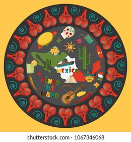 vector illustration in flat style circular ornament on isolated background Mexican design elements, festive symbols, food and drinks, greeting card or poster,