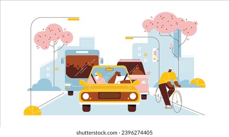 Vector illustration in flat style. City life. Road trip. City life.