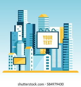 Vector illustration in  flat style - city landscape with modern houses and buildings and advertising billboards 