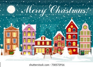 Vector illustration in flat style cityscape with colorful houses with snow in night time with sky and moon. The city in christmas.