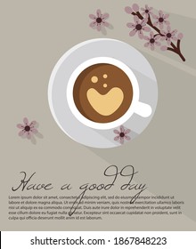 Vector illustration. Flat style. Сup of coffee with a heart shape inside. There is a sprig of apple blossom near the cup.