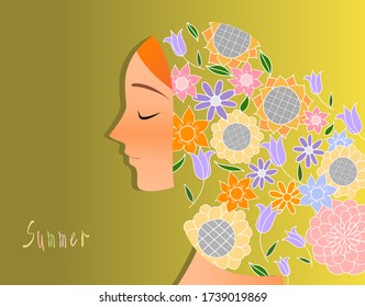Vector illustration. Flat style. Colorful. Young woman, profile portrait. Flower pattern. Template for banner, cover. Summer mood.