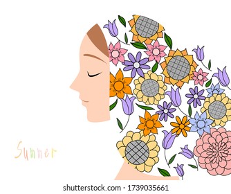 Vector illustration. Flat style. Colorful. Young woman, profile portrait. Flower pattern. Template for banner, cover. Summer mood.