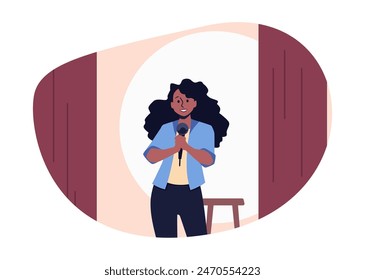 A vector illustration in a flat style of a comedy show in which a young comedian girl with a microphone in her hands delivers a humorous monologue on stage.