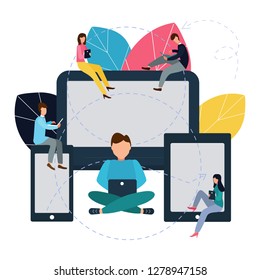  Ilustración vectorial en estilo plano. Comunicarse a través de Internet, redes sociales, chat, noticias, videos, mensajes, sitios web, buscar amigos