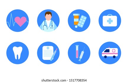 vector illustration in flat style.  concept of medical icons for applications, banners, websites. Illustrations for diagnosis, treatment, analysis, medical research, ambulance. Online doctor.