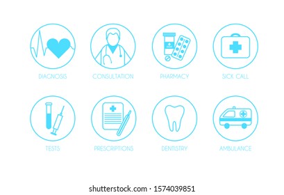 vector illustration in flat style.  concept of medical icons for applications, banners, websites. Illustrations for diagnosis, treatment, analysis, medical research, ambulance. Online doctor