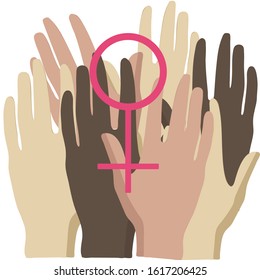 Vector illustration in Flat Style of the concept of teamwork. Friends squeeze and raise their hands up, shows the unity and teamwork, the view straight. The object on a white background.
