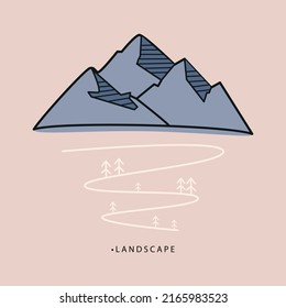 Vector illustration. Flat style.
The concept of nature and travel. The picture shows mountains, trees and the road. The illustration is perfect for stickers and screensavers.