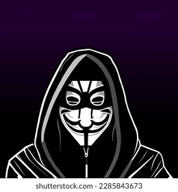 Vector illustration in flat style, concept of a male con artist in a hoodie hiding his face behind a mask. Artwork reflecting the social problems of modern society, theft of data on the Internet