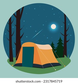 Vector illustration in a flat style. The concept of summer outdoor recreation, camping in the forest. Tourism and travel season.