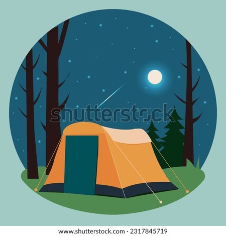 Vector illustration in a flat style. The concept of summer outdoor recreation, camping in the forest. Tourism and travel season.