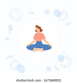Vector illustration in flat style. Coronavirus 2019-ncov epidemic. Virus in the air. Girl isolated. Glass dome, bubble. Virus. Epidemic. Banner. Preventive measures. Young woman in lotus position.