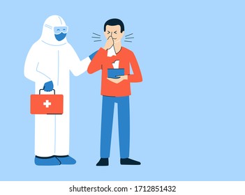 Vector illustration in flat style. Coronavirus COVID-19 concept. Place for text. Banner, poster, card, brochure template. Doctor in protective suit and coughing, sneezing man with disposable napkins.