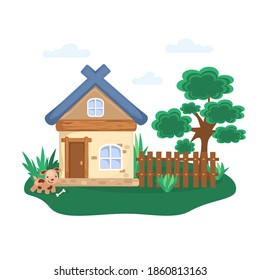 Vector illustration in a flat style. A country house in a village with a dog. 