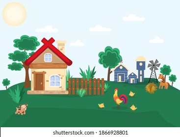 Vector illustration in a flat style. A country house in a village with a dog, cock and horse. 