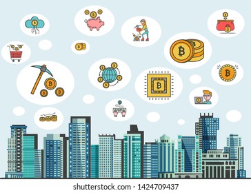 Vector illustration in flat style with crypto currency icons in sky - bitcoin, golden coins, mining pickaxe, crypto wallet and digital account symbol with abstract urban landscape background.