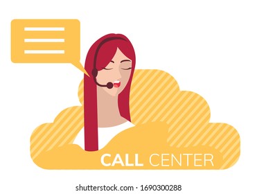 Vector illustration in flat style customer service. Woman with headphones and microphone. 