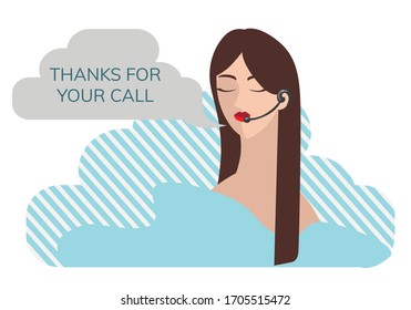 Vector illustration in flat style customer service. Woman with headphones and microphone. 