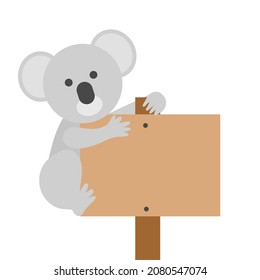 Vector illustration, flat style cute koala, with blank board for your creative text.