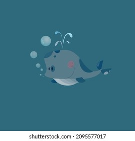 Vector illustration in flat style - a cute gray whale with air bubbles around and a fountain of water.Can be used as a sticker, a print on clothes for children and children's accessories.