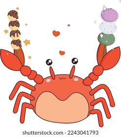 Vector illustration in flat style - Cute crab and sweet Dango.