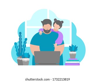 Vector illustration in flat style. Daugher interrupt and distract father sitting with laptop at home. Difficulties of remote work in quarantine time, freelancer lifestyle. Problems of parenthood