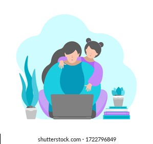 Vector illustration in flat style. Daughter interrupt and distract mother sitting with laptop. Difficulties of remote work in quarantine time, freelancer lifestyle. Blue and violet colors