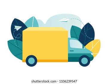 Vector illustration, flat style, delivery service, yellow truck, trucking, transport advertising vector