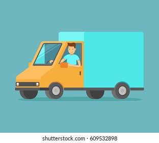 Vector illustration in flat style - delivery concept - friendly man driving truck with goods and items from internet shop - fast shipping