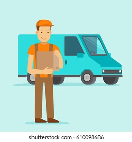 Vector illustration in flat style - delivery concept - truck and friendly man with box from internet shop - fast shipping
