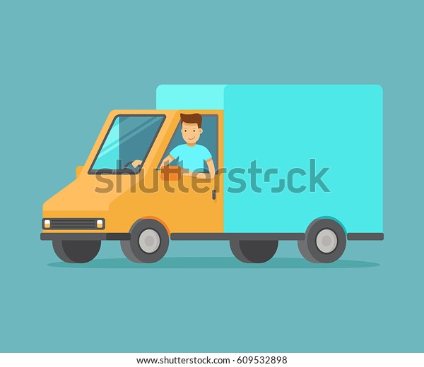 Vector illustration in flat style - delivery\
concept - friendly man driving truck with goods and items from\
internet shop - fast\
shipping