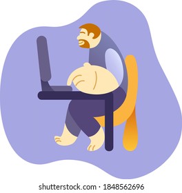 ilustración vectorial de estilo plano que representa a un hombre sentado detrás de una computadora y trabajando en línea