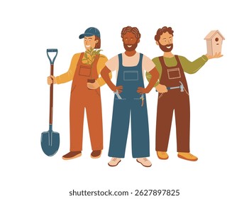 A vector illustration in flat style depicting 3 smiling handymen of various race in overalls. One holds a shovel and potted plant, another has tools, and the third presents a birdhouse and a hammer.