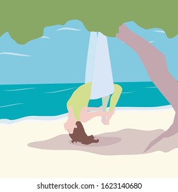 Vector illustration in flat style. It depicts a woman doing fly aerial yoga position, suspended from a tree on the background of the ocean. Minimum of details, a relaxing pose, pleasant colors.