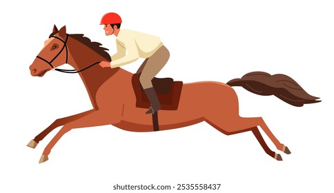 Ilustração vetorial em um estilo plano retrata um homem em um capacete vermelho montando um cavalo marrom no meio do galope. O cavaleiro inclina-se para a frente, segurando as rédeas, enquanto o cavalo parece estar pulando 