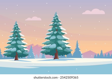 Ilustração vetorial em estilo plano retrata uma paisagem de inverno com dois pinheiros cobertos de neve em primeiro plano, um chão nevado, árvores distantes, montanhas e um céu de cor pastel com neve caindo