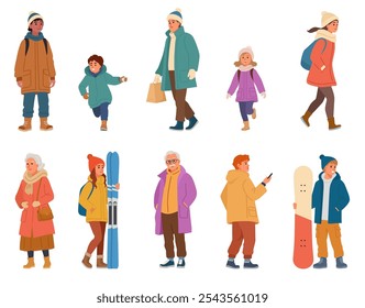 Vector illustration in flat style depicts eight people dressed in winter clothing. They are engaged in various activities such as walking, carrying shopping bags, holding skis, and a snowboard