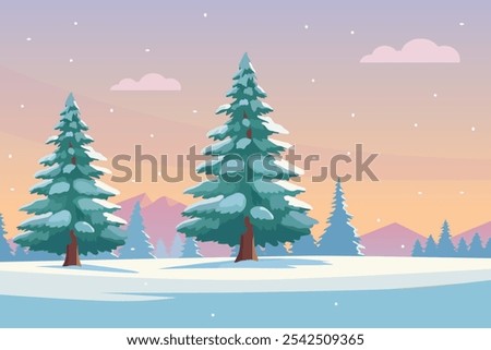 Vector illustration in flat style depicts a winter landscape with two snow-covered pine trees in the foreground, a snowy ground, distant trees, mountains, and a pastel-colored sky with falling snowfla