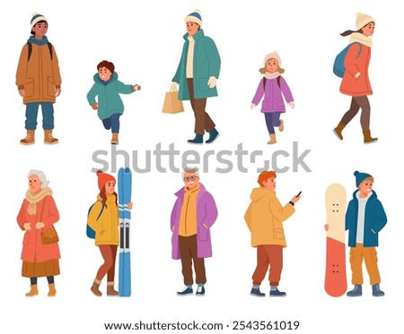 Vector illustration in flat style depicts eight people dressed in winter clothing. They are engaged in various activities such as walking, carrying shopping bags, holding skis, and a snowboard
