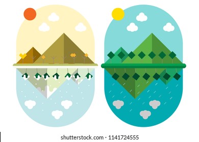 vector illustration flat style design Land Mountain and trees with 4 seasons weather in the same location