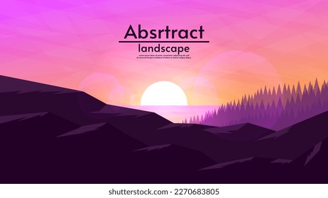 Vector illustration. Flat style design for banner, poster, wallpaper. Sunset or sunrise, morning or evening landscape with forest and hills. 