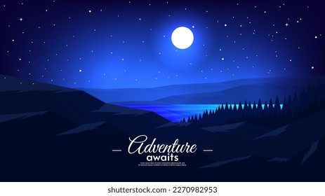 Vector illustration, flat style design. Beautiful starry sky with moon. Night landscape illustration. Hills with river and forest. Design for banner, wallpaper, poster, invitation. 
