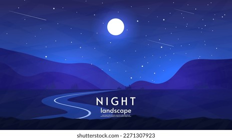 Vector illustration, flat style design. Night landscape illustration. Hills with the road. Moonlight. Beautiful starry sky with moon. Design for banner, wallpaper, poster, invitation. 