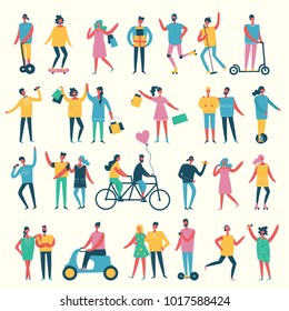 Vector illustration in a flat style of different activities people - shopping, dancing, singing, playing music instruments, riding bicycle and others