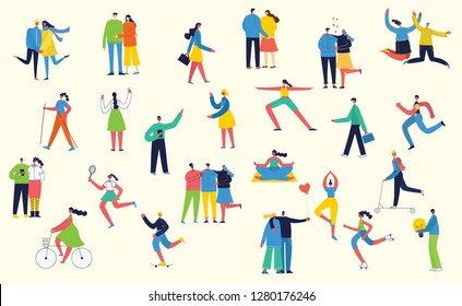 Vector illustration in a flat style of different activities people jumping, dancing, walking, couple in love, doing sport in flat style 