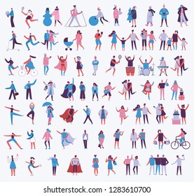 Vector illustration in a flat style of different activities people jumping, dancing, walking, couple in love, doing sport in flat style