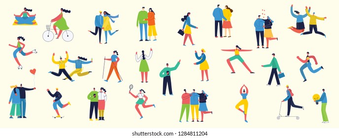 Vector illustration in a flat style of different activities people jumping, dancing, walking, couple in love, doing sport in flat style